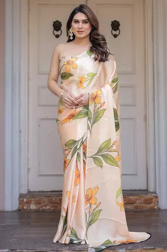Soft satin georgette floral print saree for festive & party wear