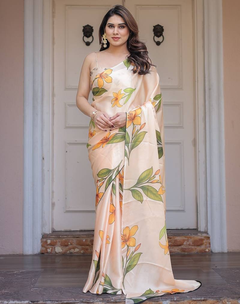 Soft satin georgette floral print saree for festive & party wear