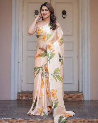 Soft satin georgette floral print saree for festive & party wear 2