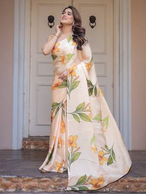 Soft satin georgette floral print saree for festive & party wear 3