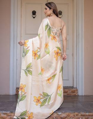 Soft satin georgette floral print saree for festive & party wear 4
