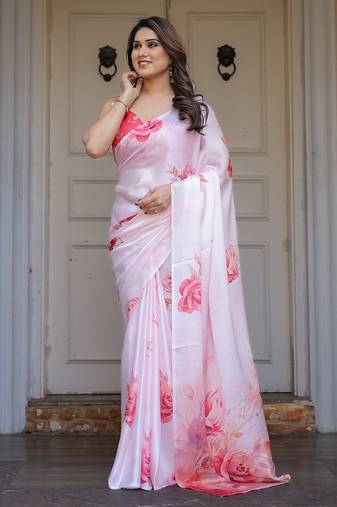 Premium satin georgette printed saree with floral motifs