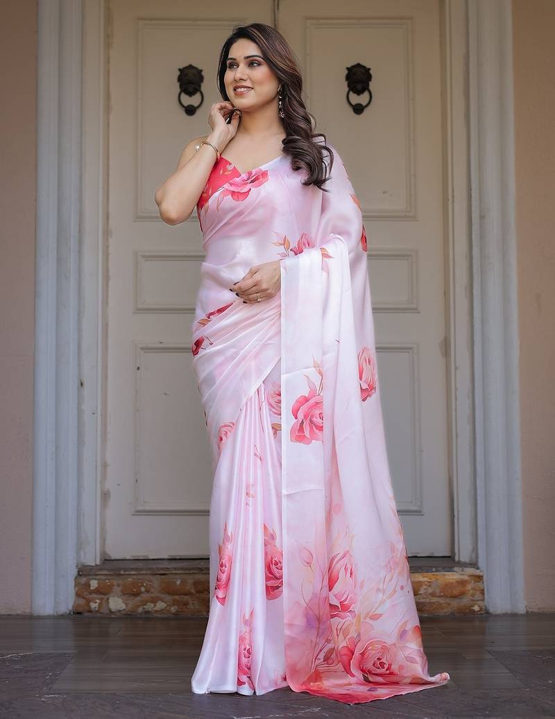 Premium satin georgette printed saree with floral motifs
