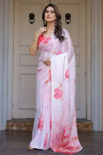 Premium satin georgette printed saree with floral motifs