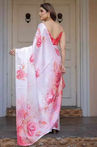 Premium satin georgette printed saree with floral motifs