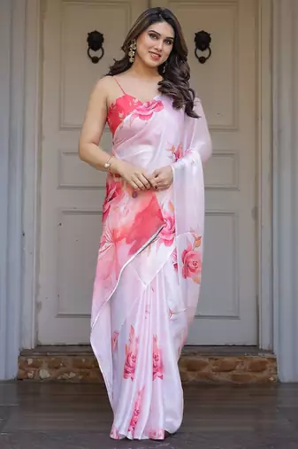 Premium satin georgette printed saree with floral motifs