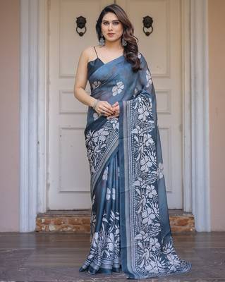 Women's floral designer satin georgette saree with blouse 1