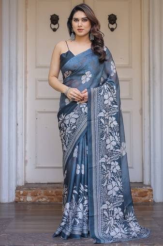 Women's floral designer satin georgette saree with blouse