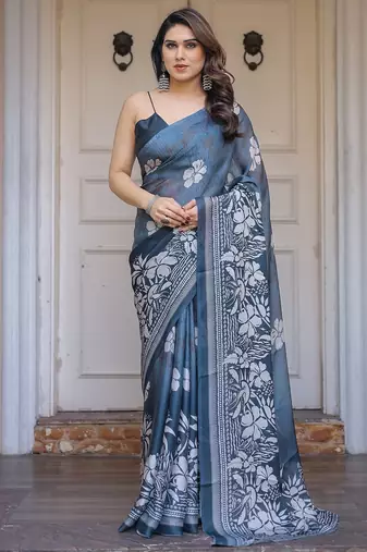 Women's floral designer satin georgette saree with blouse