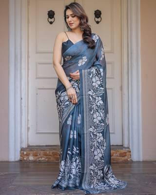 Women's floral designer satin georgette saree with blouse 2