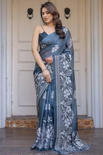 Women's floral designer satin georgette saree with blouse