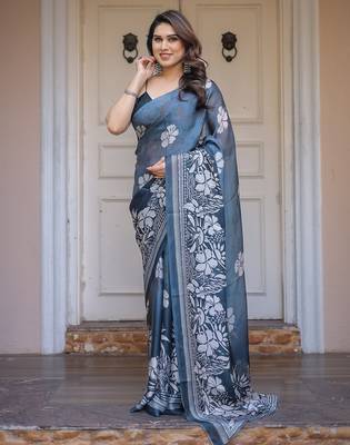 Women's floral designer satin georgette saree with blouse 3