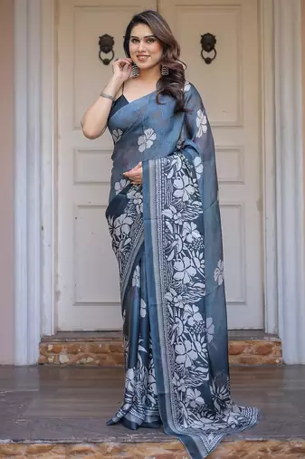 Women's floral designer satin georgette saree with blouse