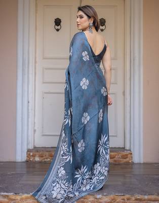 Women's floral designer satin georgette saree with blouse 4