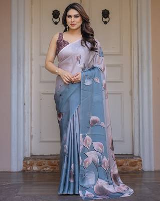 Fashion floral print satin georgette saree for women 1