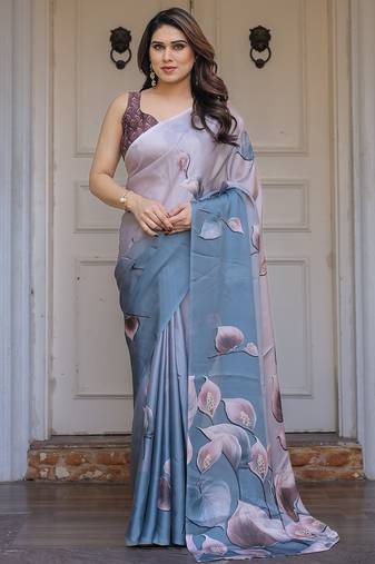 Fashion floral print satin georgette saree for women