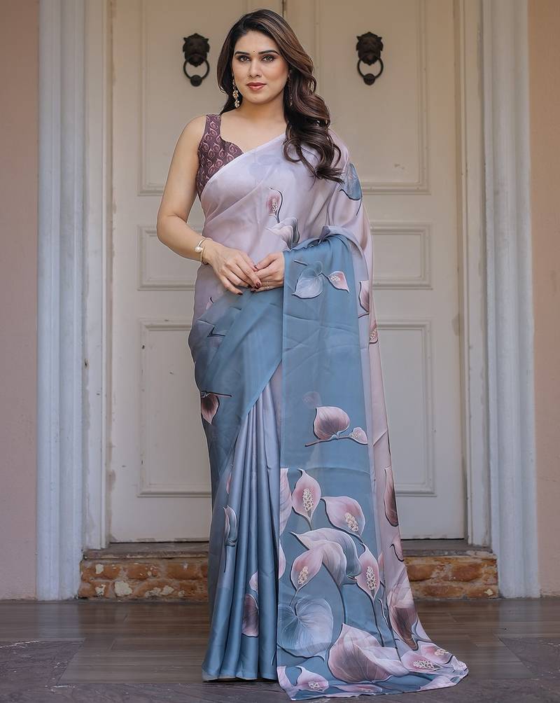 Fashion floral print satin georgette saree for women
