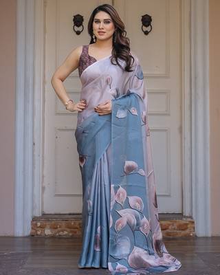 Fashion floral print satin georgette saree for women 2
