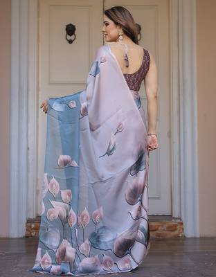 Fashion floral print satin georgette saree for women 4