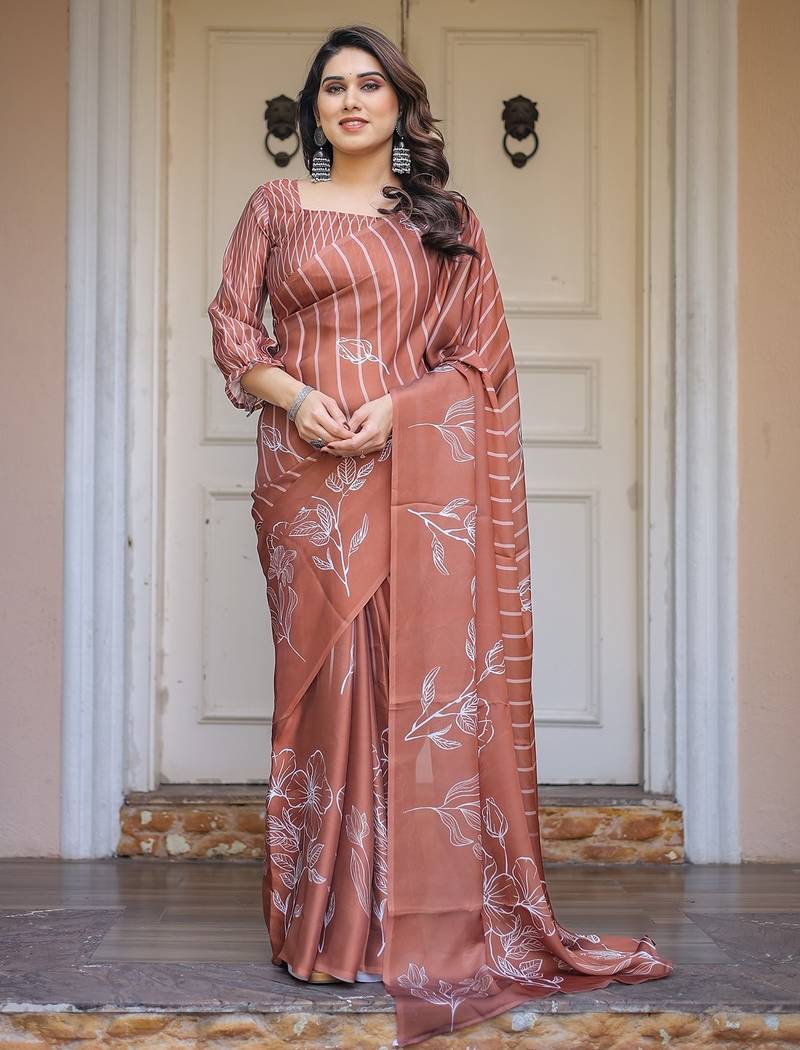 Elegant party wear satin georgette floral printed saree