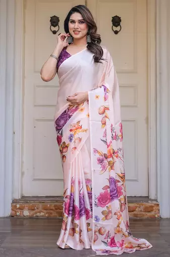 Modern floral satin georgette saree with matching blouse