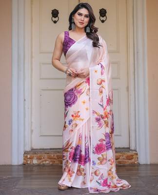 Modern floral satin georgette saree with matching blouse 2