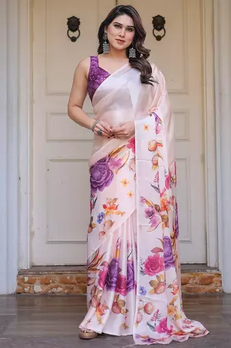 Modern floral satin georgette saree with matching blouse