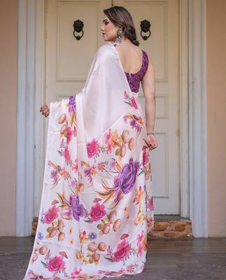 Modern floral satin georgette saree with matching blouse 3