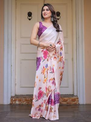Modern floral satin georgette saree with matching blouse 4