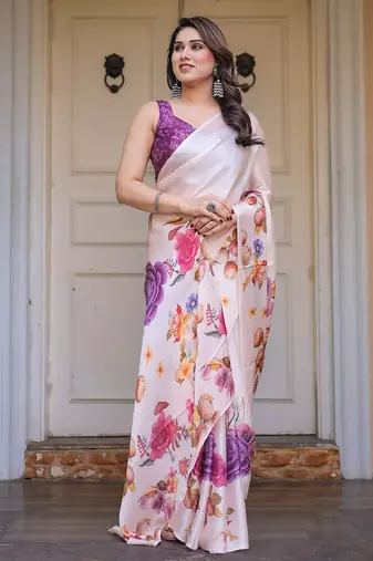 Modern floral satin georgette saree with matching blouse