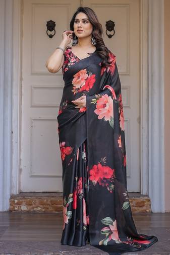 Stylish floral pattern satin georgette saree for women