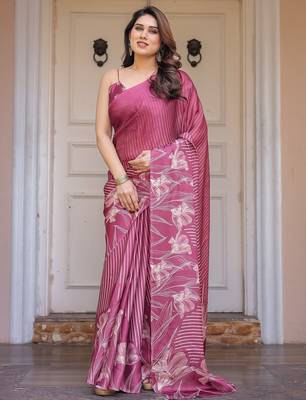 Women's satin georgette floral printed saree with blouse piece 2