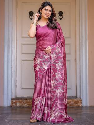 Women's satin georgette floral printed saree with blouse piece 3