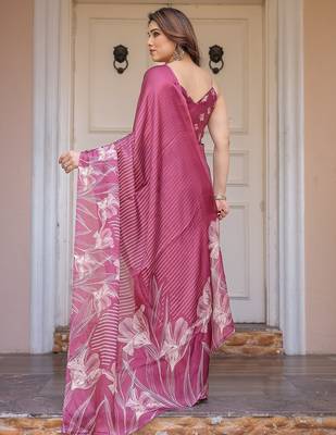 Women's satin georgette floral printed saree with blouse piece 4