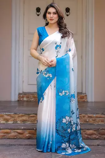 Elegant floral printed satin georgette saree with attached blouse