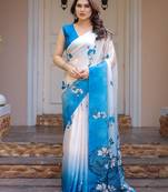 Elegant floral printed satin georgette saree with attached blouse