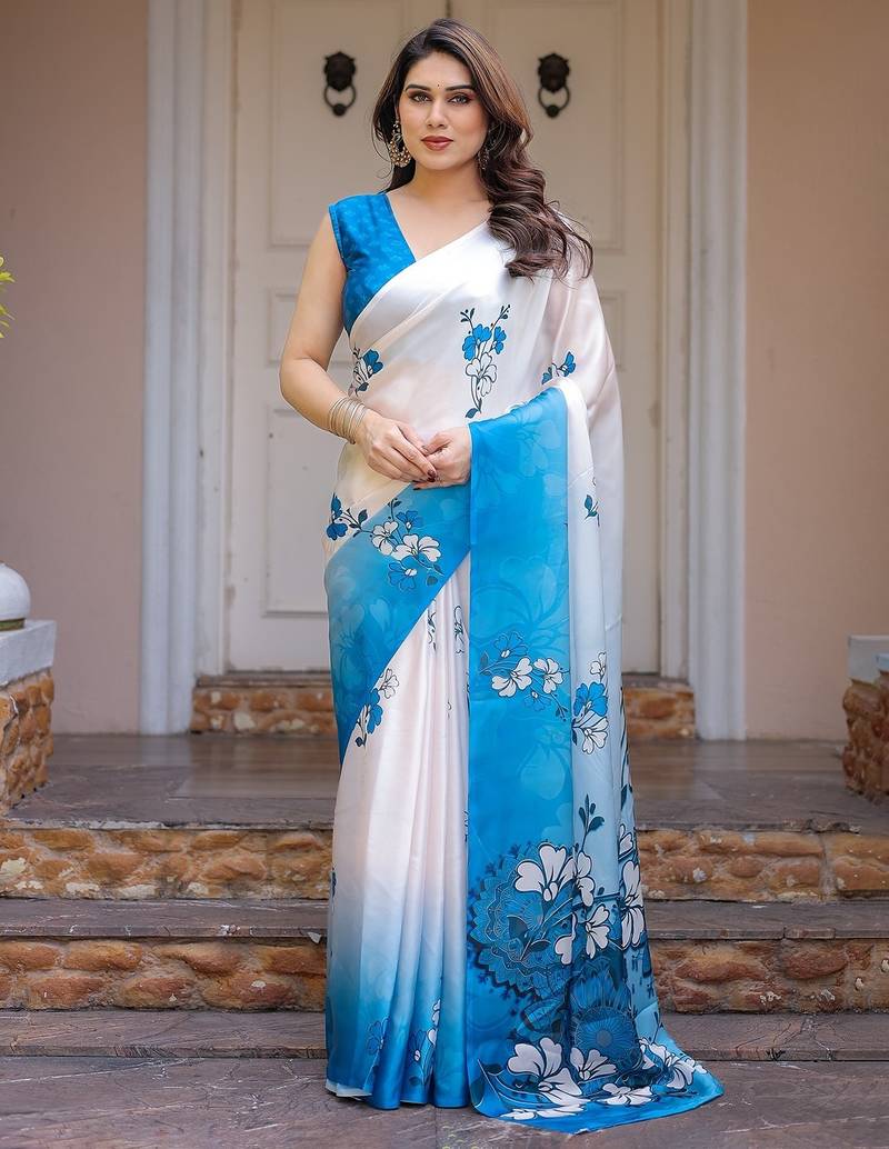 Elegant floral printed satin georgette saree with attached blouse