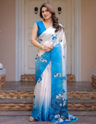 Elegant floral printed satin georgette saree with attached blouse 2