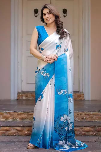 Elegant floral printed satin georgette saree with attached blouse