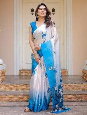 Elegant floral printed satin georgette saree with attached blouse 3