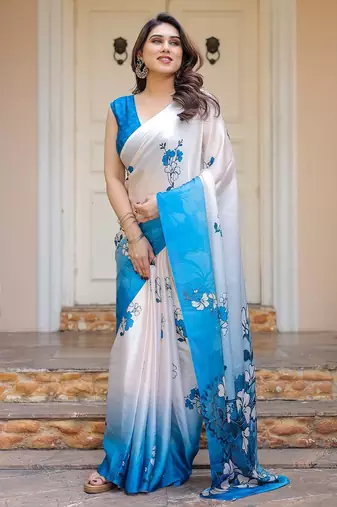 Elegant floral printed satin georgette saree with attached blouse