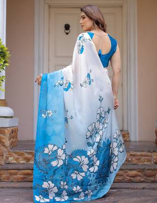 Elegant floral printed satin georgette saree with attached blouse 4