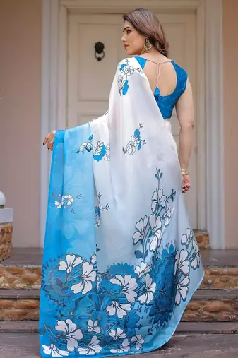 Elegant floral printed satin georgette saree with attached blouse