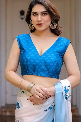 Elegant floral printed satin georgette saree with attached blouse