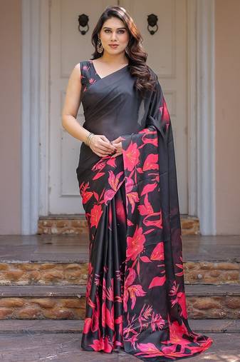 Designer satin georgette floral print saree for women with blouse