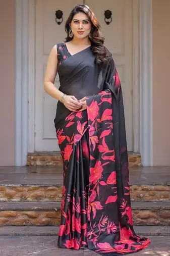 Designer satin georgette floral print saree for women with blouse