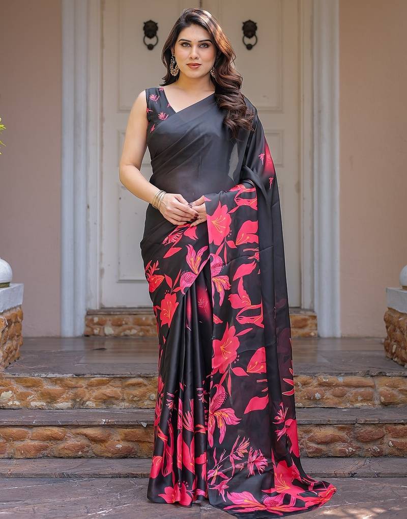 Designer satin georgette floral print saree for women with blouse