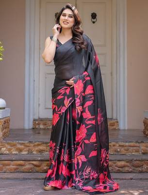 Designer satin georgette floral print saree for women with blouse 2