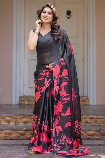 Designer satin georgette floral print saree for women with blouse