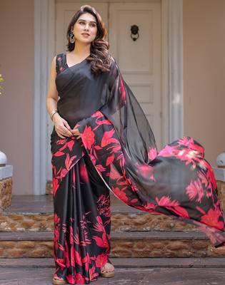 Designer satin georgette floral print saree for women with blouse 3